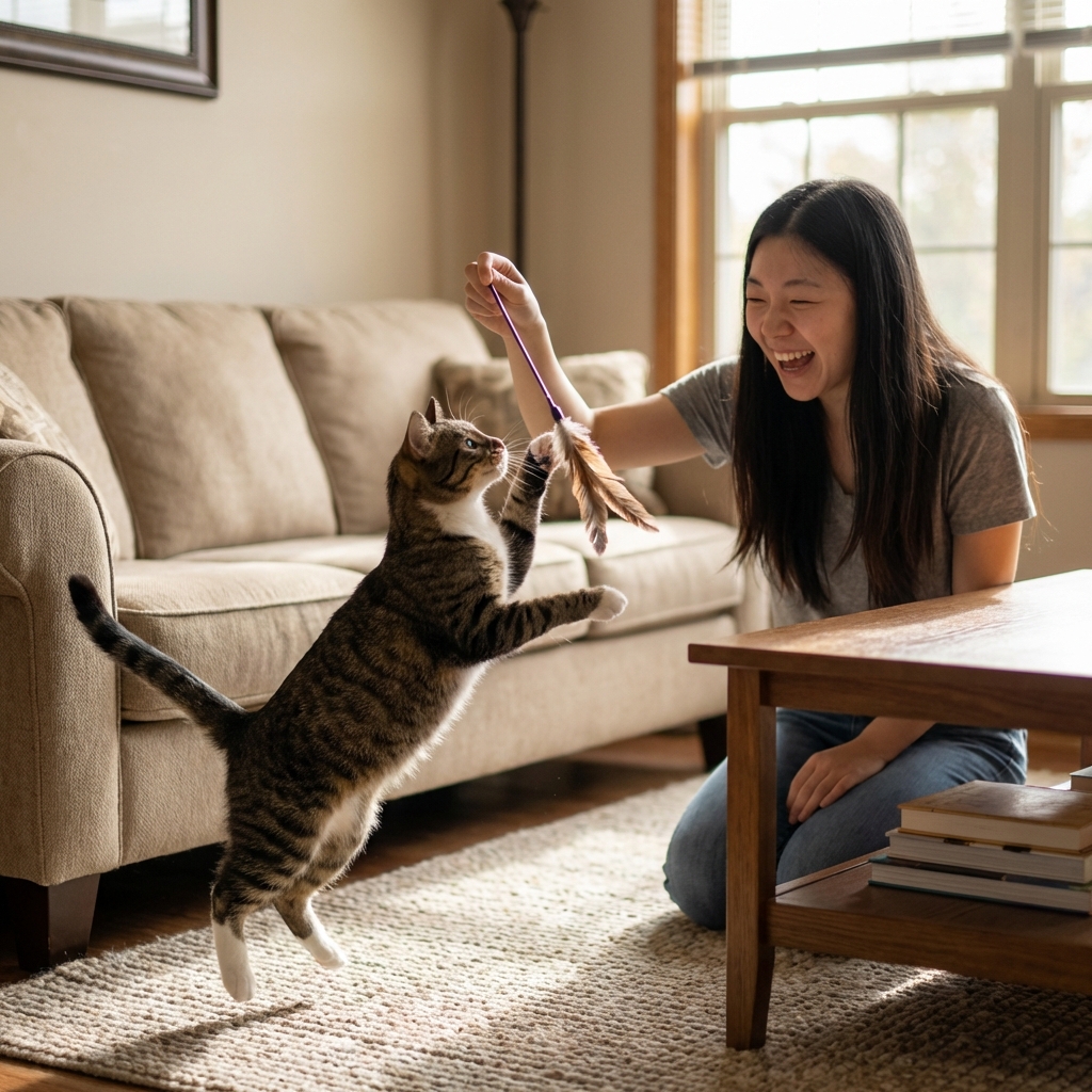 A real photo of a person playing with a cat using a feather wand toy in a living room