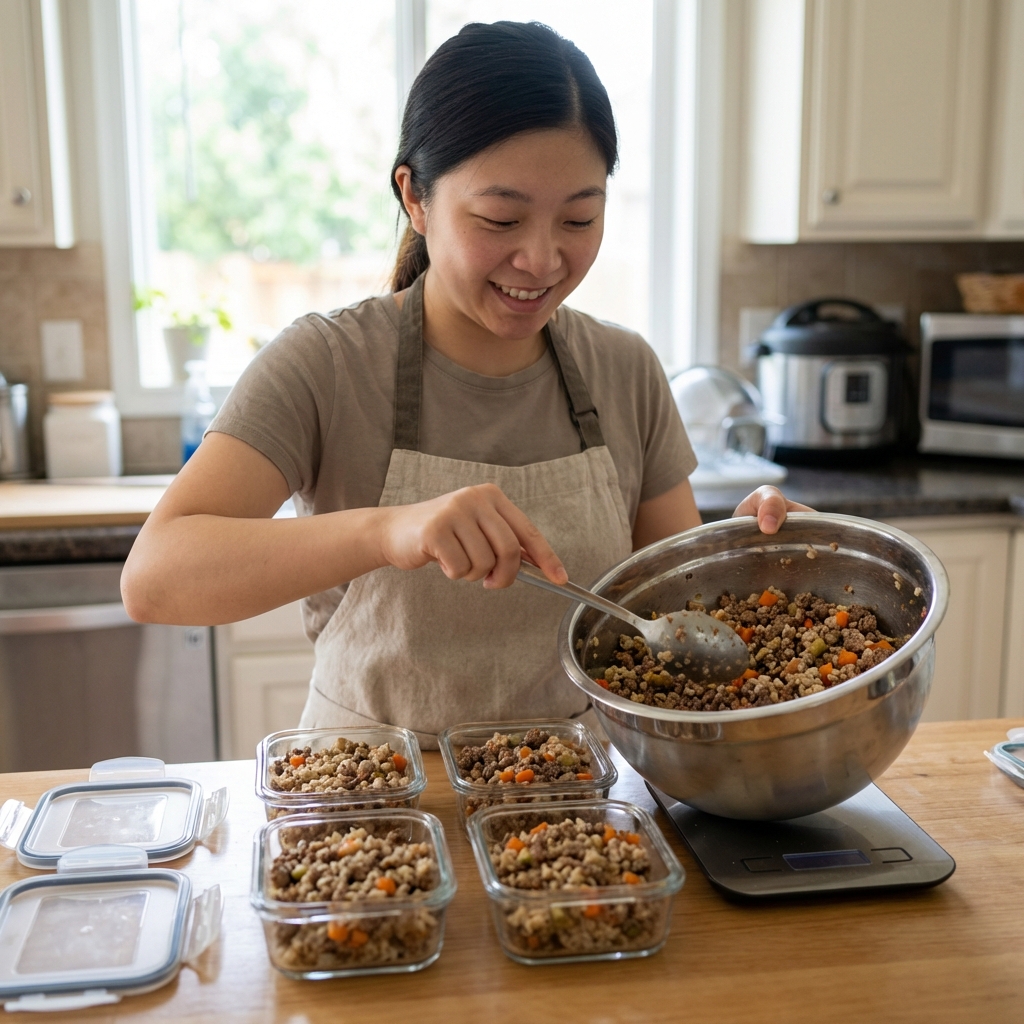 A real photo of a person portioning cooled homemade dog food into small glass containers on a kitchen counter