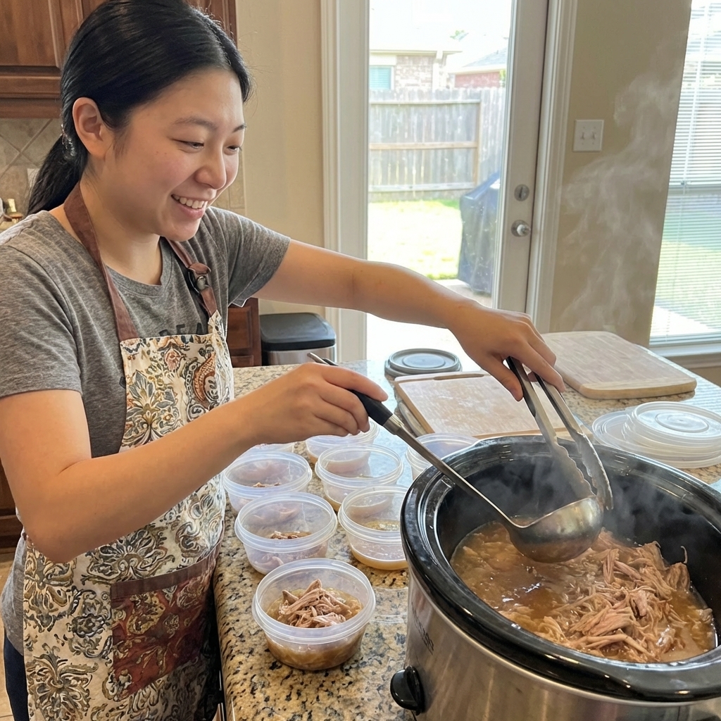A real photo of a person portioning homemade shredded meat and broth into small freezer-safe containers on a kitchen counter