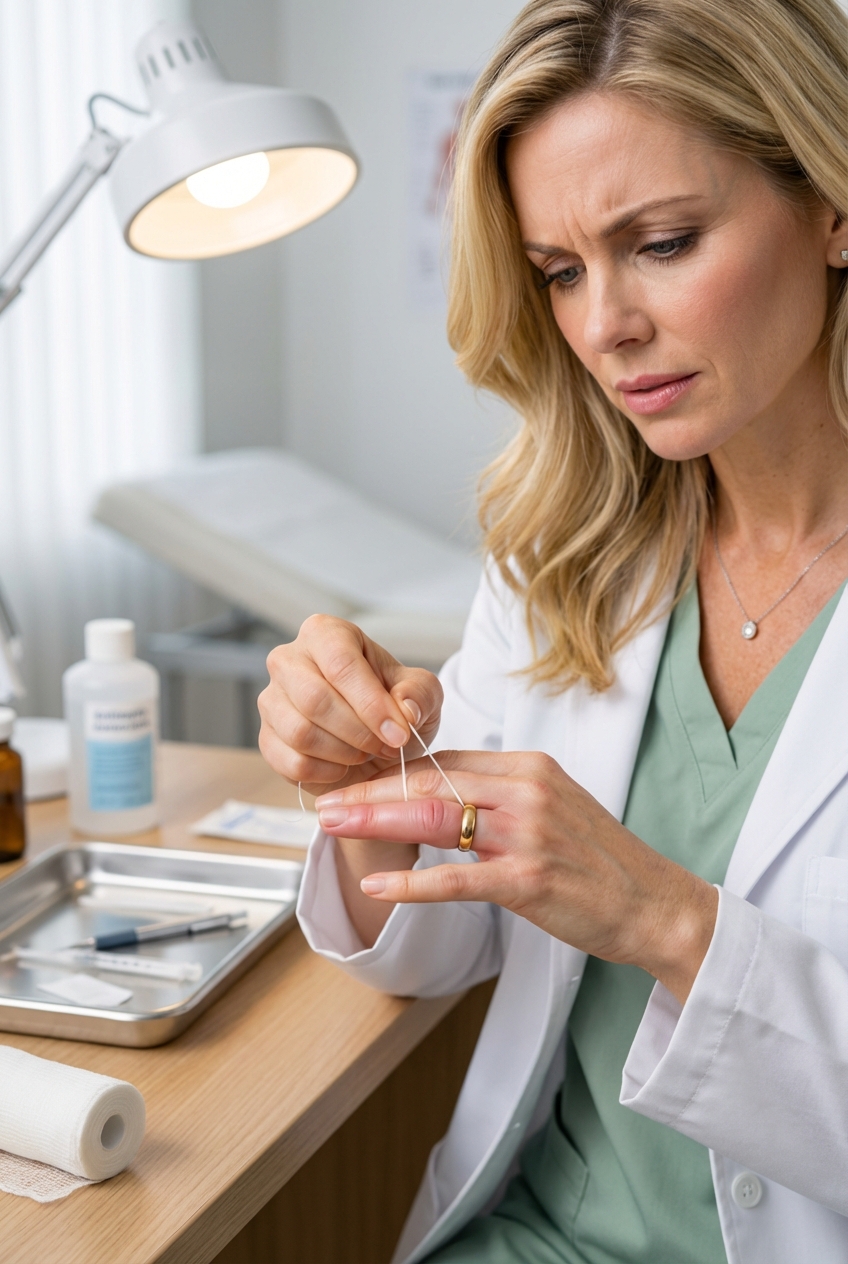 A real photo of a person removing a ring from a slightly swollen finger after a minor hand injury