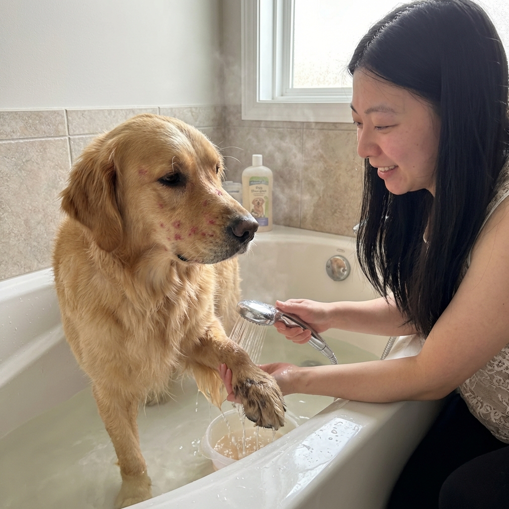 A real photo of a person rinsing a dog's paws in a bathtub with lukewarm water