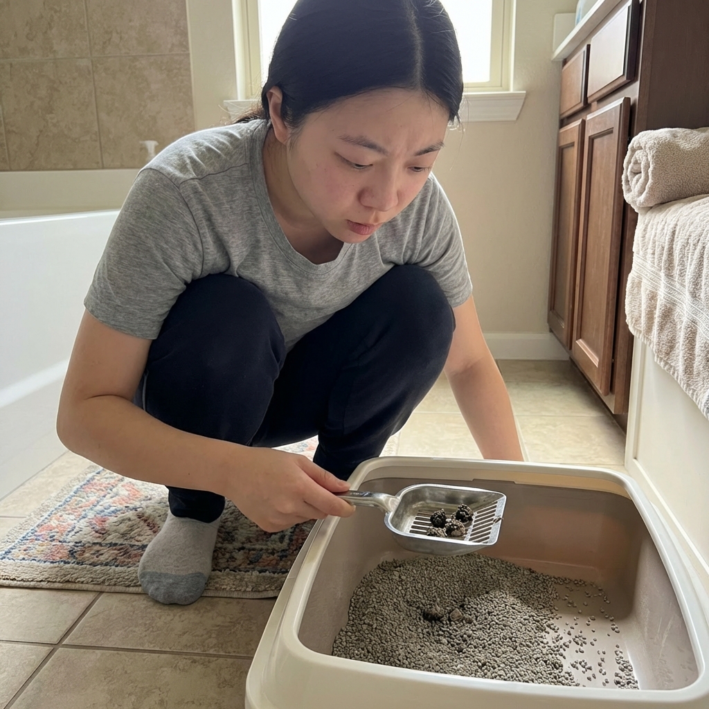 A real photo of a person scooping a cat litter box and noticing very small clumps