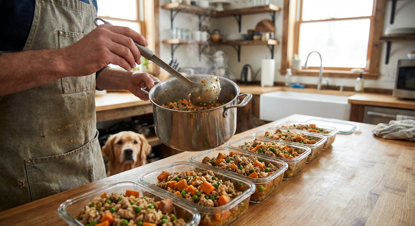 A real photo of a person scooping freshly cooked homemade dog food from a pot into glass meal prep containers on a kitchen counter