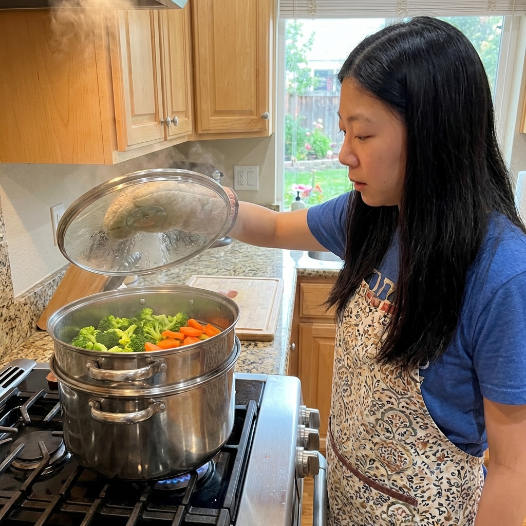 A real photo of a person steaming broccoli and carrots on a stovetop in a kitchen