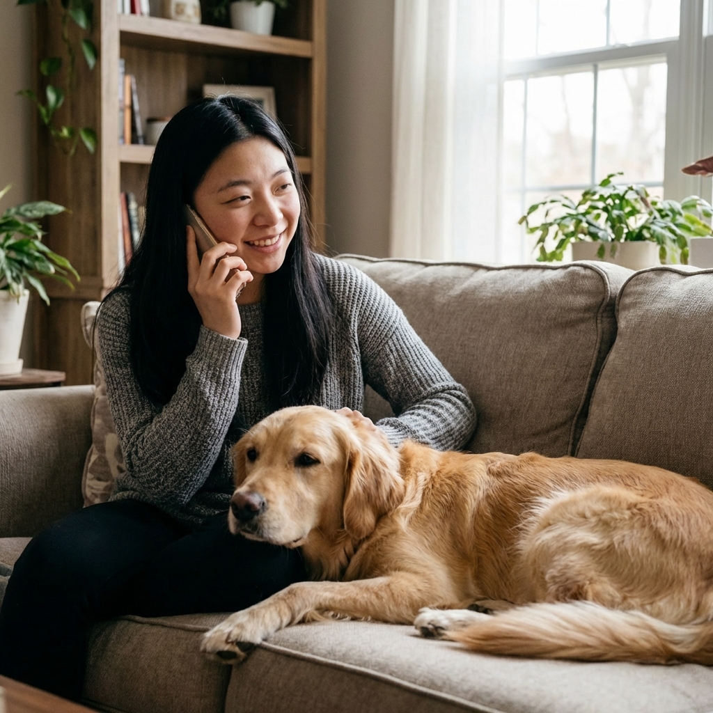 A real photo of a person talking on a phone while sitting next to a calm dog on a couch