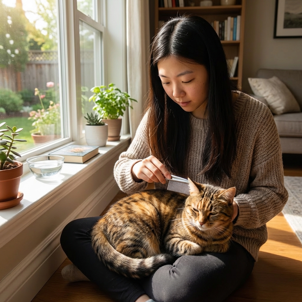 A real photo of a person using a fine-toothed flea comb on a tabby cat near a sunny window