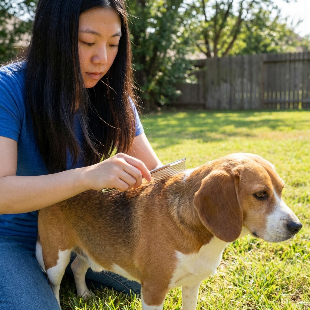 A real photo of a person using a fine-toothed flea comb on a dog’s back in natural daylight