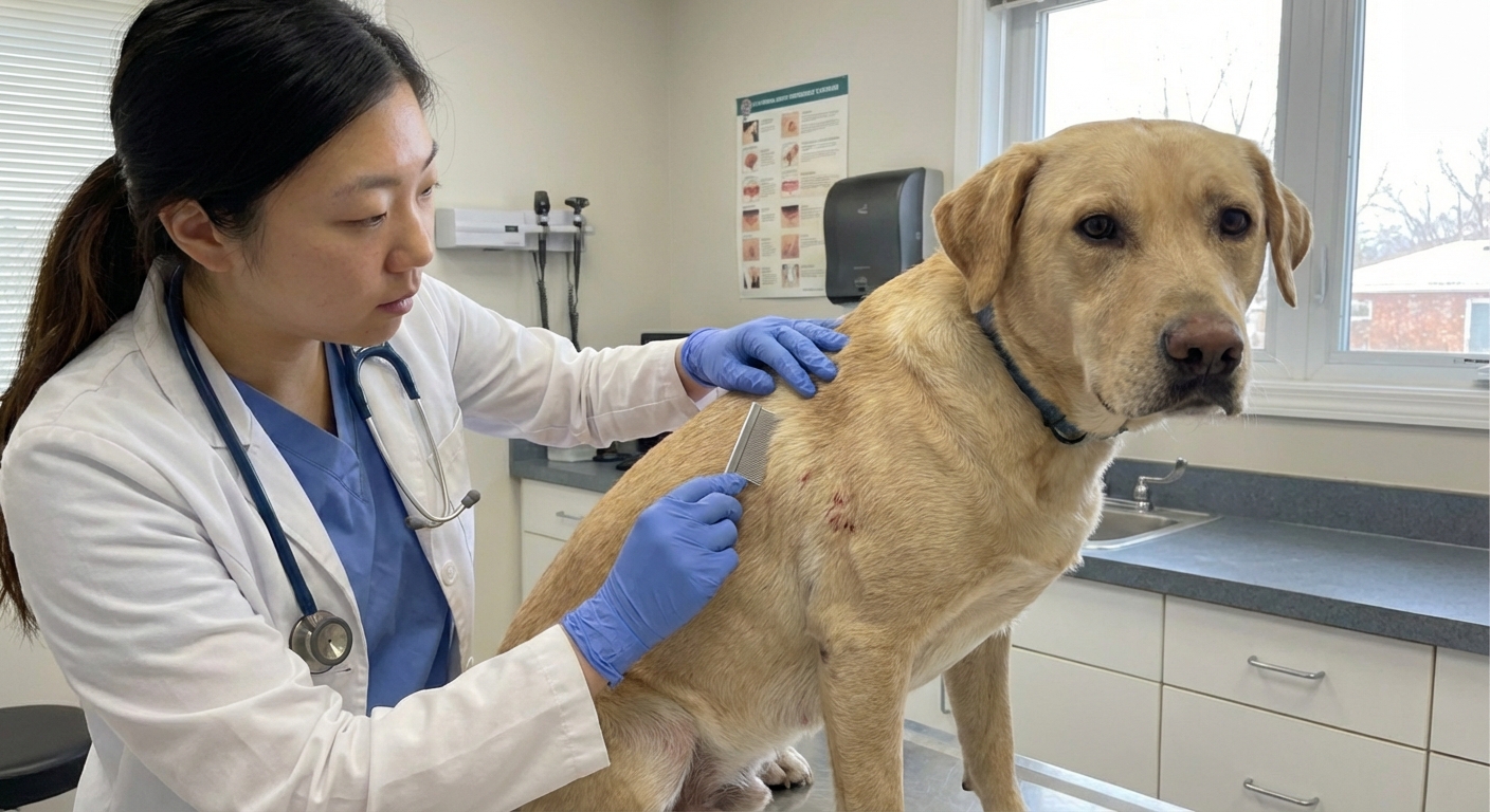 A real photo of a person using a flea comb on a dog’s back while the dog sits patiently