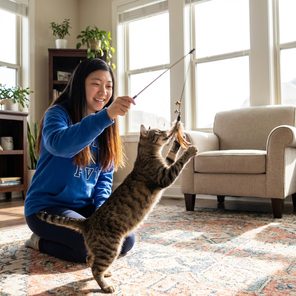 A real photo of a person using a wand toy to play with a cat on a rug in a bright room