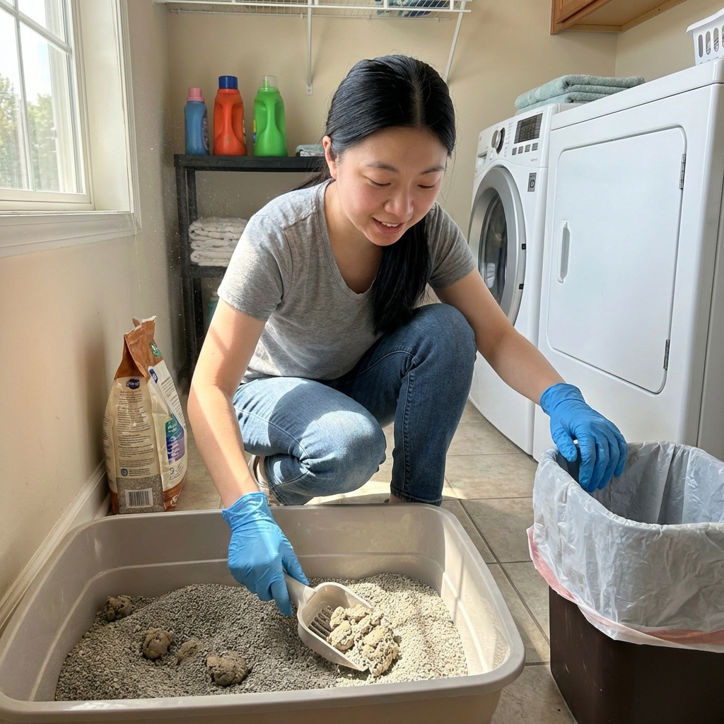 A real photo of a person wearing disposable gloves while scooping a cat litter box in a well-lit laundry room