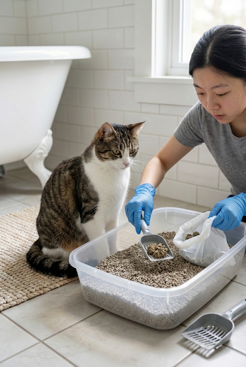 A real photo of a person wearing disposable gloves scooping used litter from a litter box