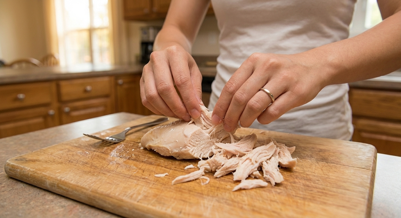 A real photo of a person’s hands shredding boiled chicken breast on a cutting board in a home kitchen