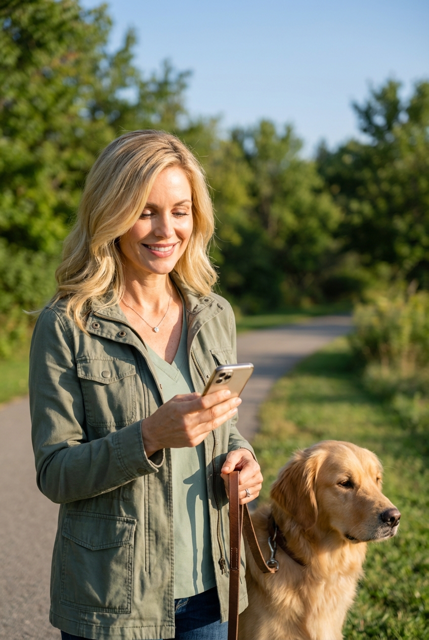A real photo of a pet parent holding a smartphone outdoors while their dog stands nearby on a leash