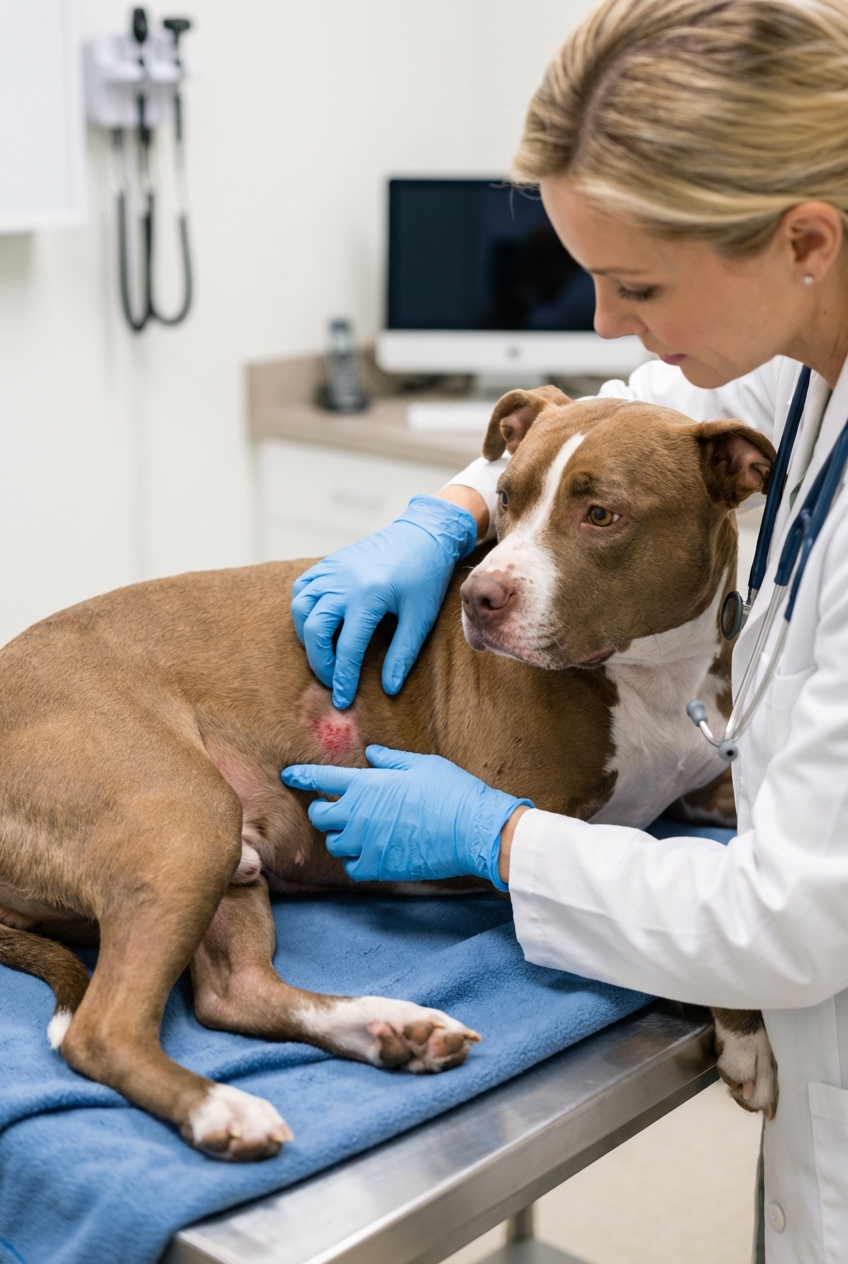 A real photo of a pitbull lying on its side while a veterinarian gently parts the fur to look at irritated skin on the belly