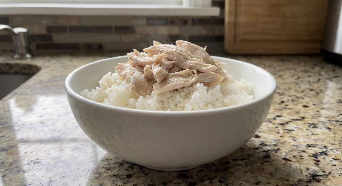 A real photo of a plain bowl containing cooked white rice and shredded boiled chicken on a kitchen counter