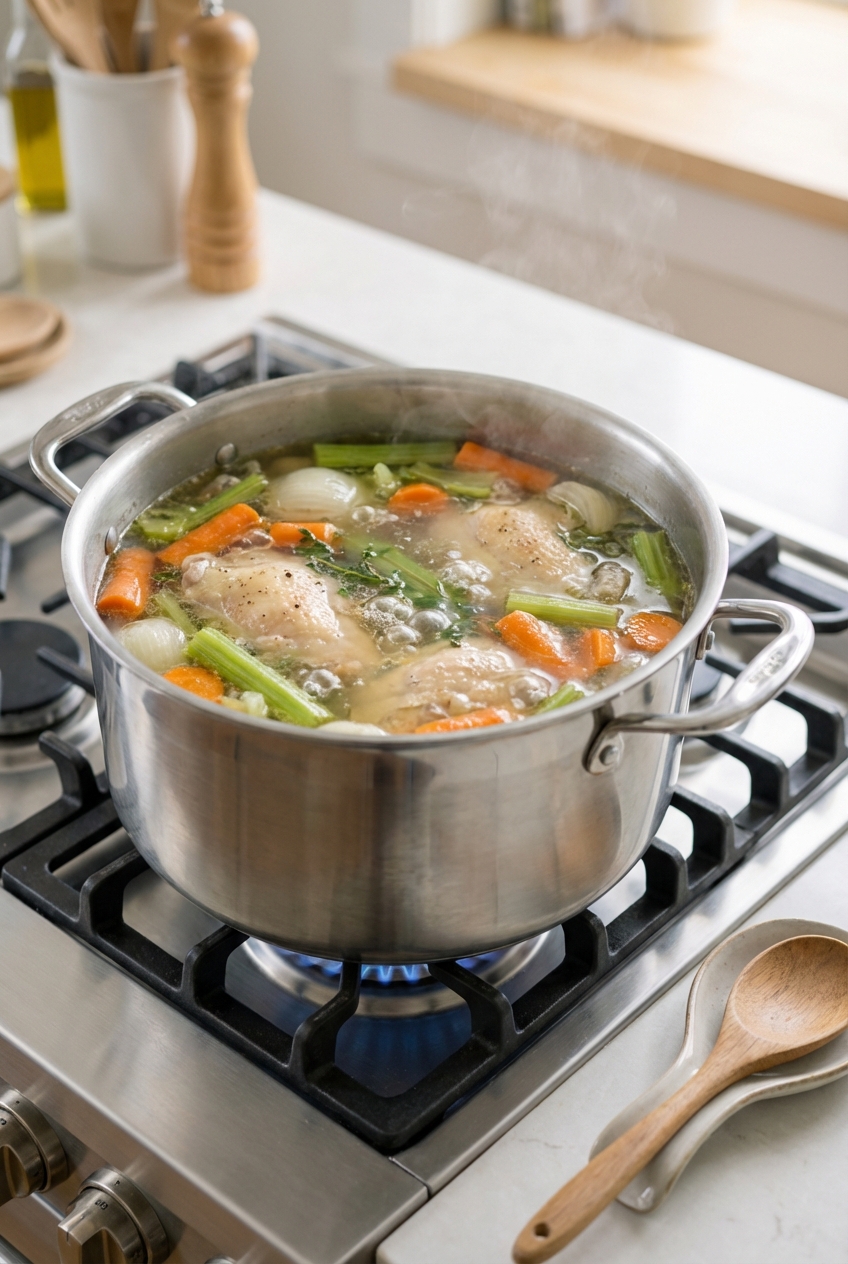 A real photo of a pot on a stove with gently simmering chicken, vegetables, and broth