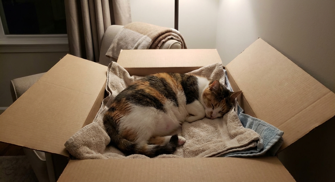A real photo of a pregnant cat curled in a clean cardboard nesting box lined with soft towels in a quiet room