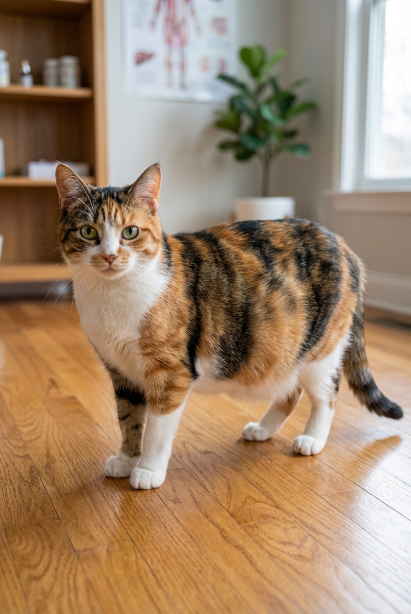 A real photo of a pregnant cat standing on a hardwood floor with a visibly rounded abdomen