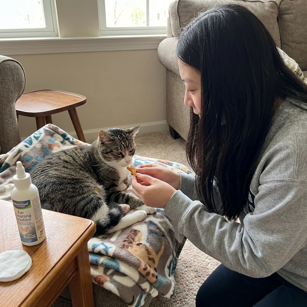 A real photo of a relaxed cat lying on a blanket while a person gently offers a treat after ear care