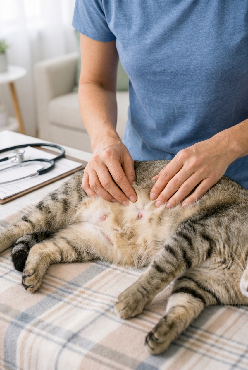 A real photo of a relaxed cat lying on her side while an owner gently parts fur on the belly to check nipples