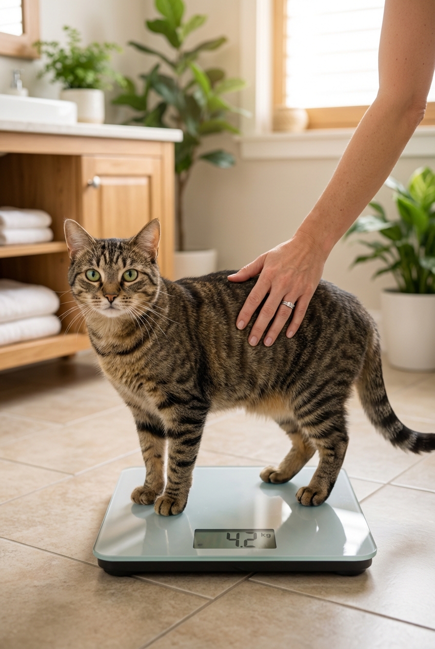 A real photo of a short-haired adult cat standing sideways on a bathroom scale while an owner’s hand steadies her