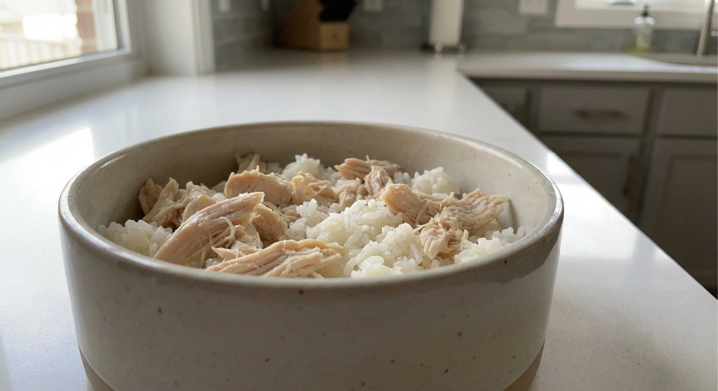 A real photo of a simple bland meal of boiled chicken and white rice in a dog bowl on a kitchen counter