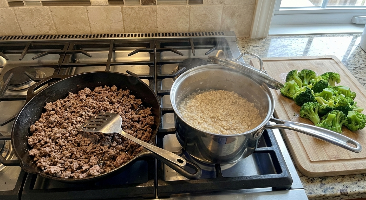 A real photo of a skillet with cooked ground beef next to a pot of plain cooked oats on a stovetop, with a cutting board of steamed broccoli nearby