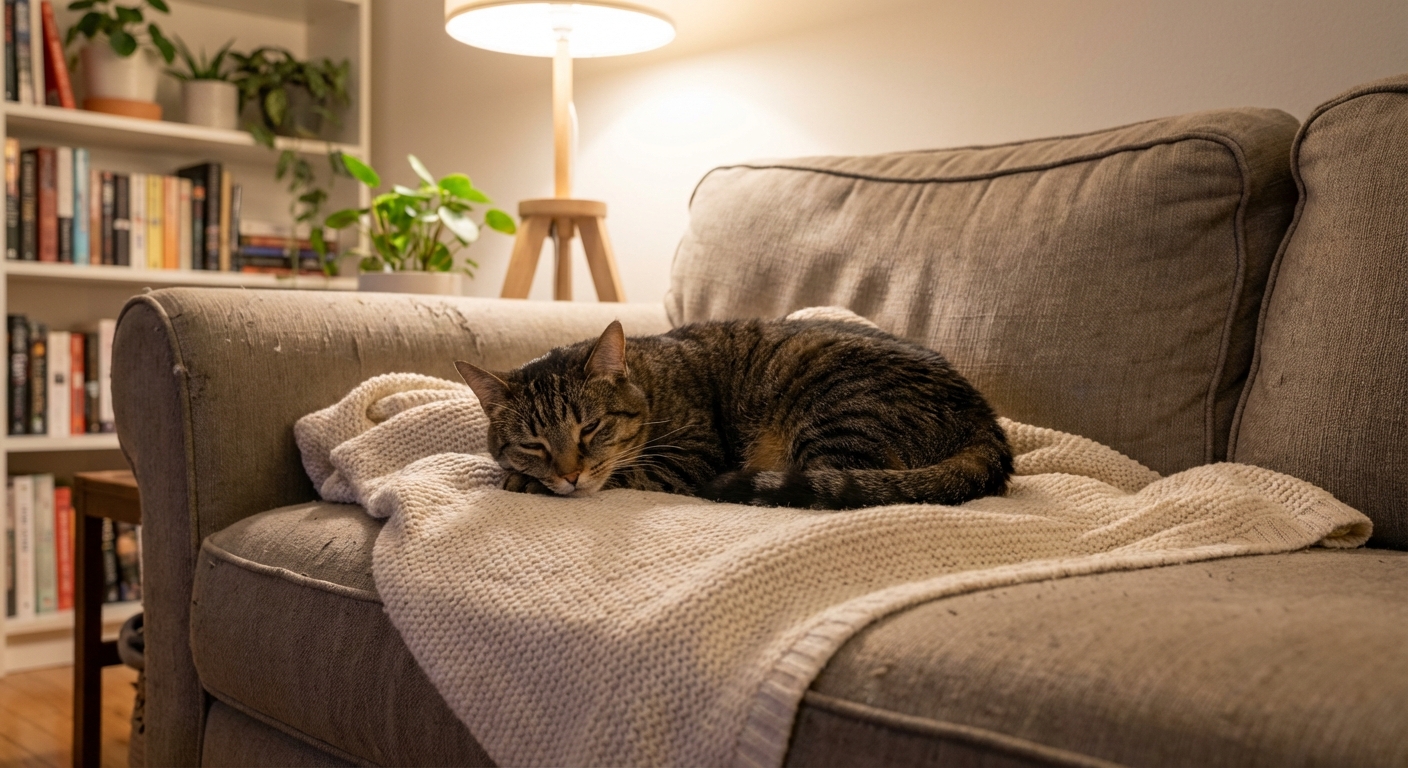 A real photo of a sleepy cat resting on a blanket on a couch in a softly lit living room