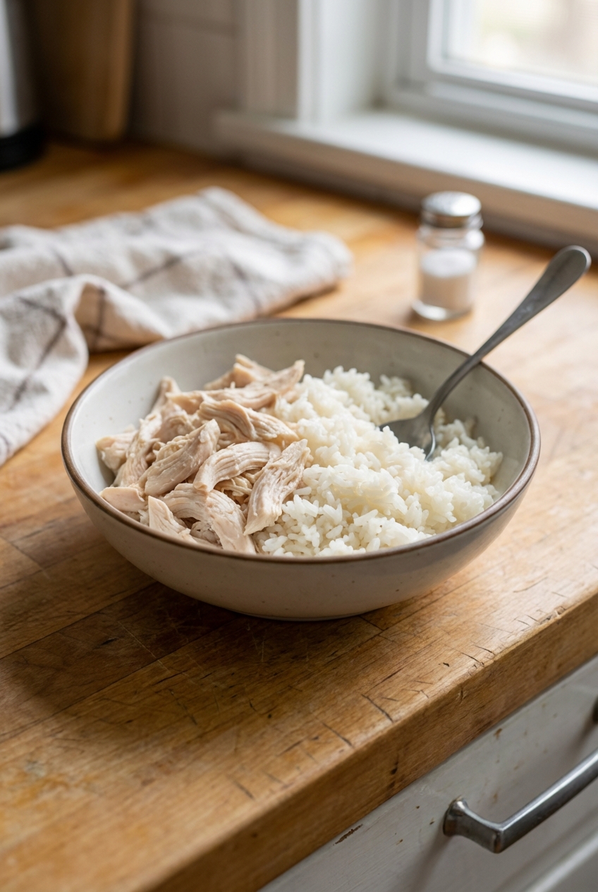 A real photo of a small bowl containing plain boiled chicken and white rice on a kitchen counter