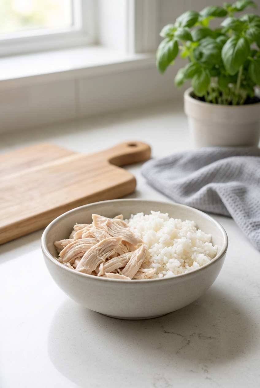 A real photo of a small bowl containing plain boiled chicken and white rice on a kitchen counter