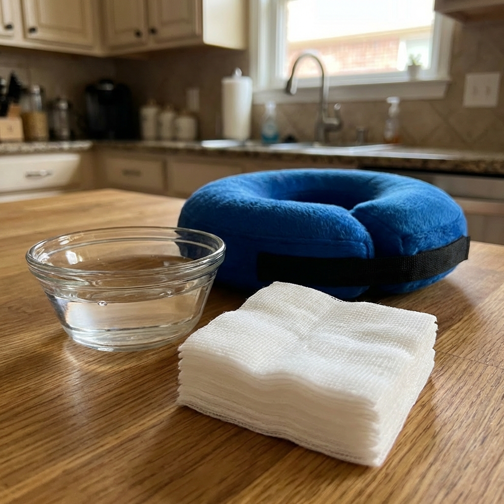 A real photo of a small bowl of saline solution next to clean gauze and an inflatable dog collar on a kitchen counter