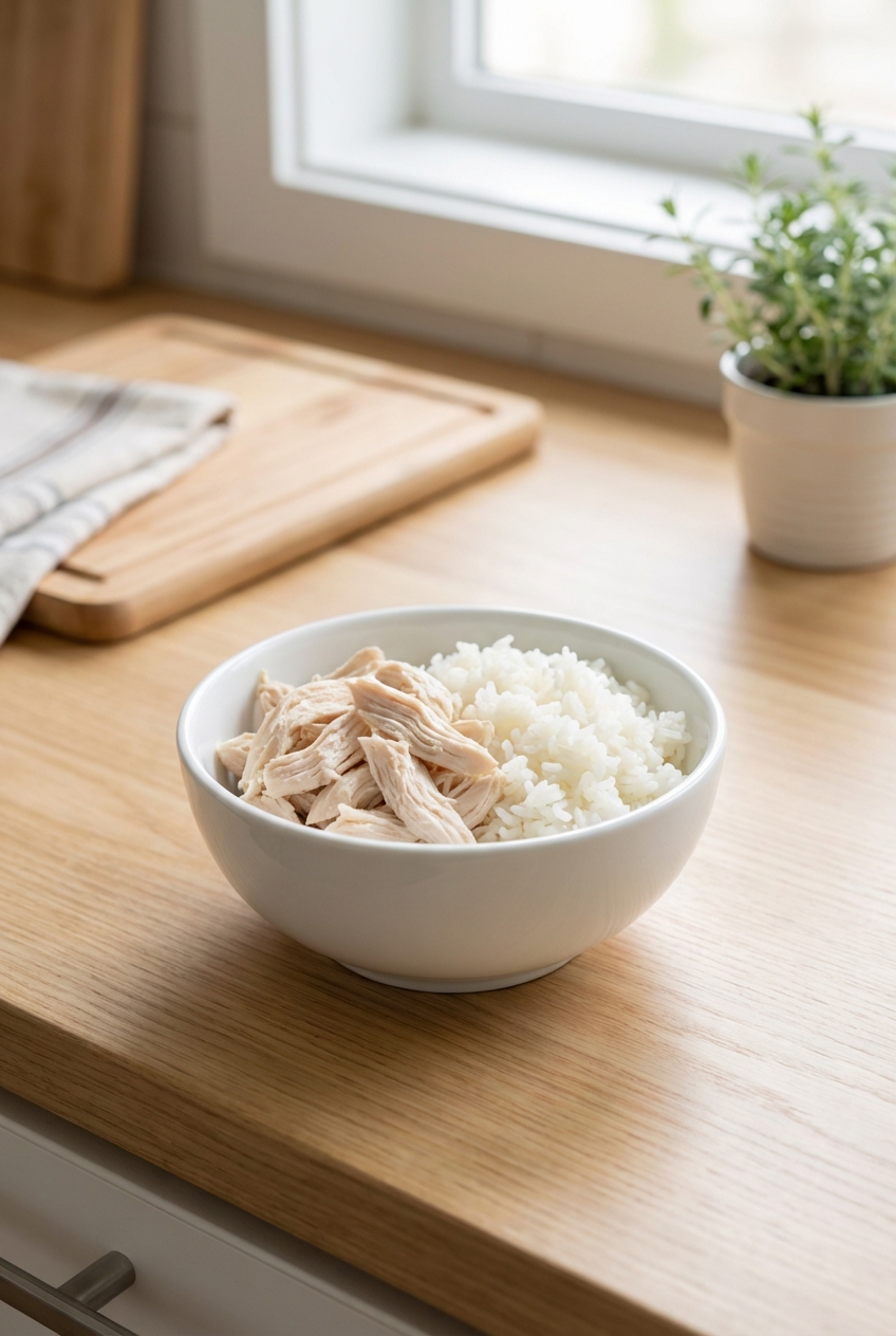 A real photo of a small bowl with plain boiled chicken and white rice on a kitchen counter