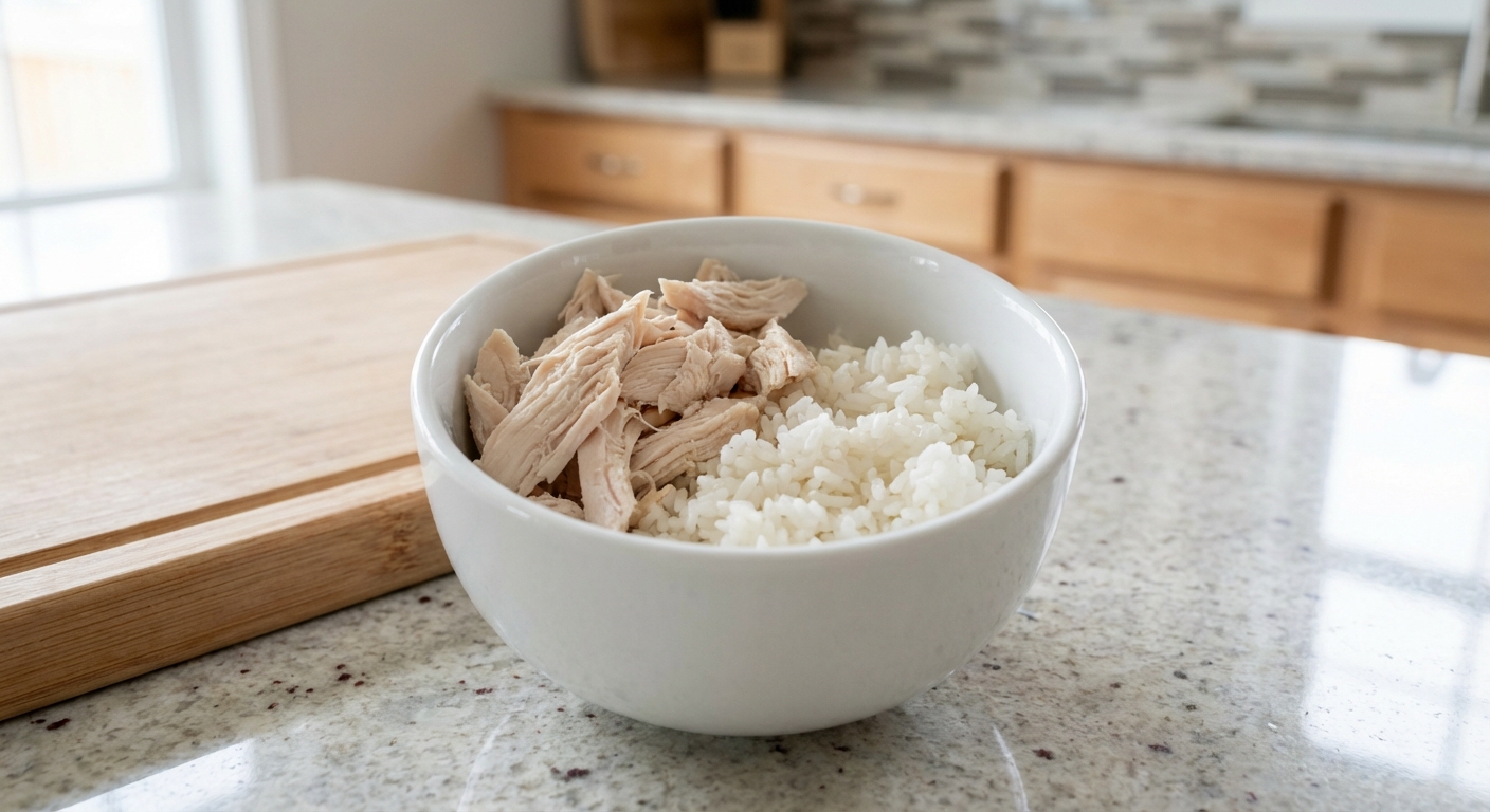 A real photo of a small bowl with plain boiled chicken and white rice on a kitchen counter
