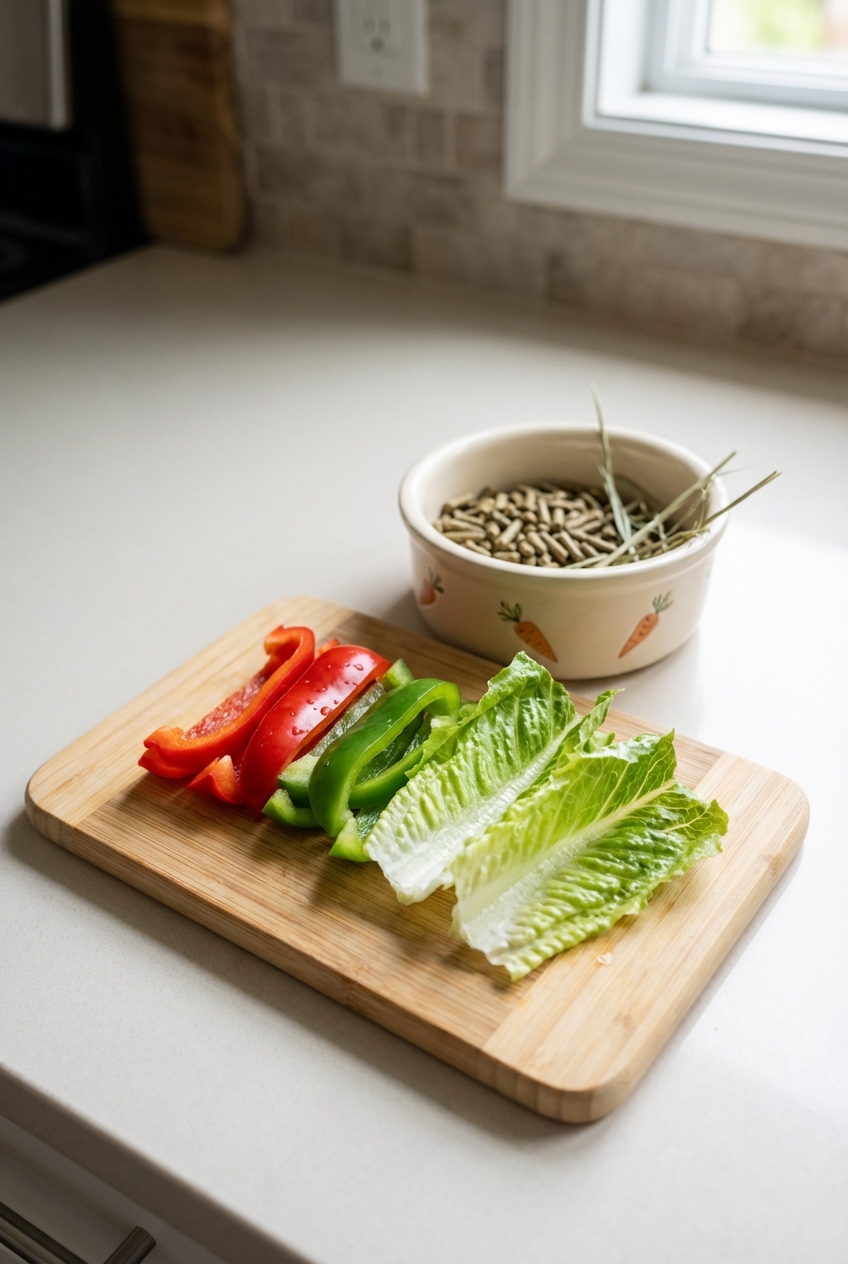 A real photo of a small cutting board with sliced bell pepper and romaine lettuce next to a rabbit food bowl