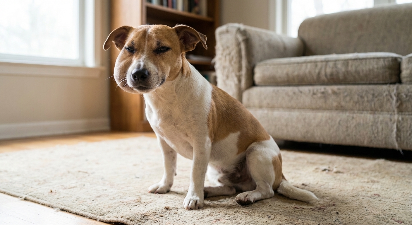 A real photo of a small dog sitting indoors with visible swelling on one side of the face near the cheek area, the dog looking slightly uncomfortable, soft natural lighting