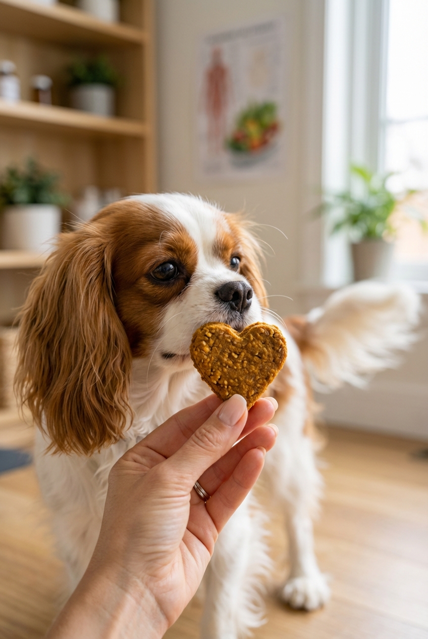 A real photo of a small dog sniffing a single homemade pumpkin oat treat held between a person’s fingers