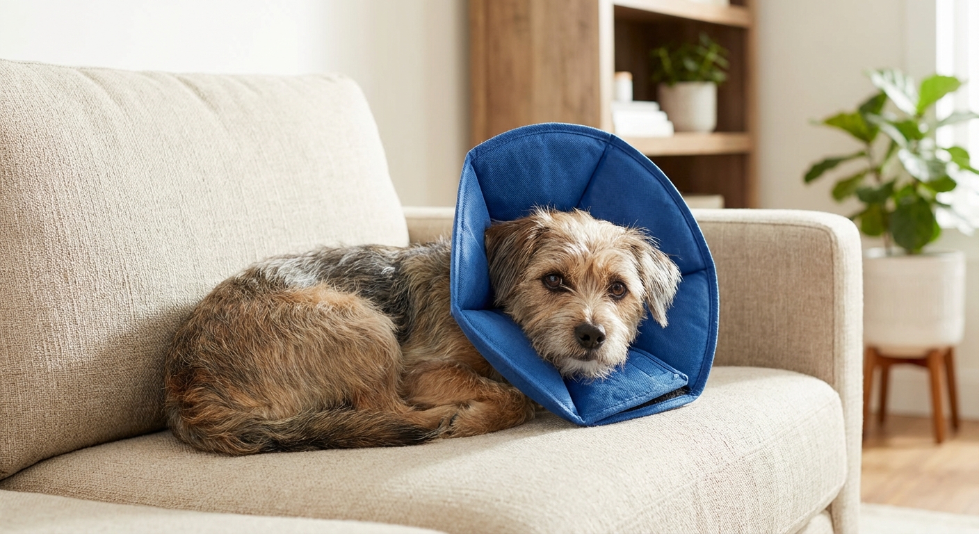 A real photo of a small dog wearing a soft recovery cone while resting on a couch