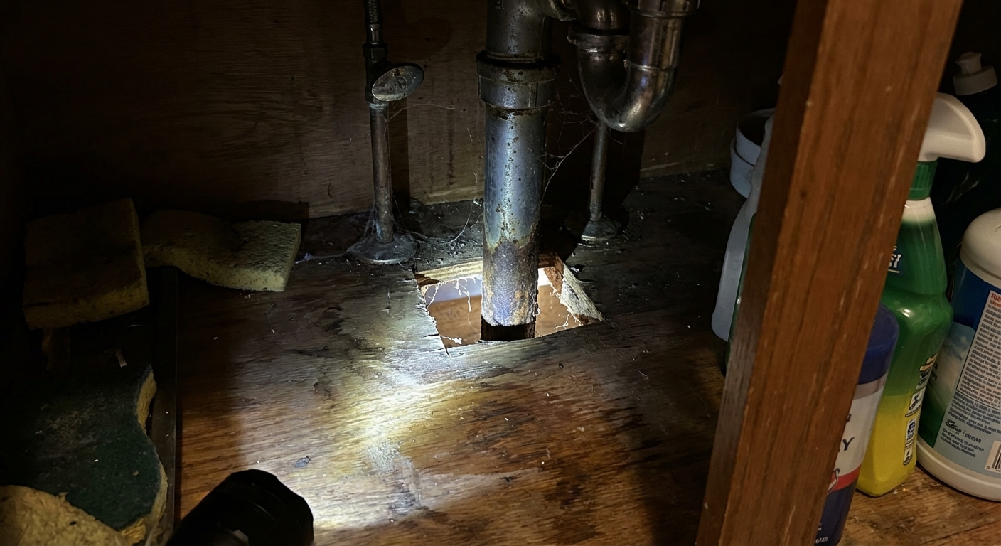 A real photo of a small gap around a pipe under a kitchen sink with light shining through