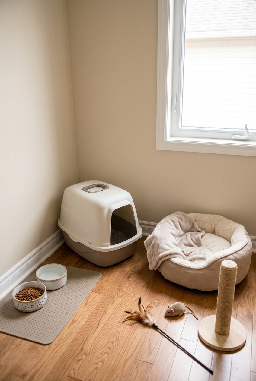 A real photo of a small room set up as a cat safe room with a litter box, food bowls, and a cat bed
