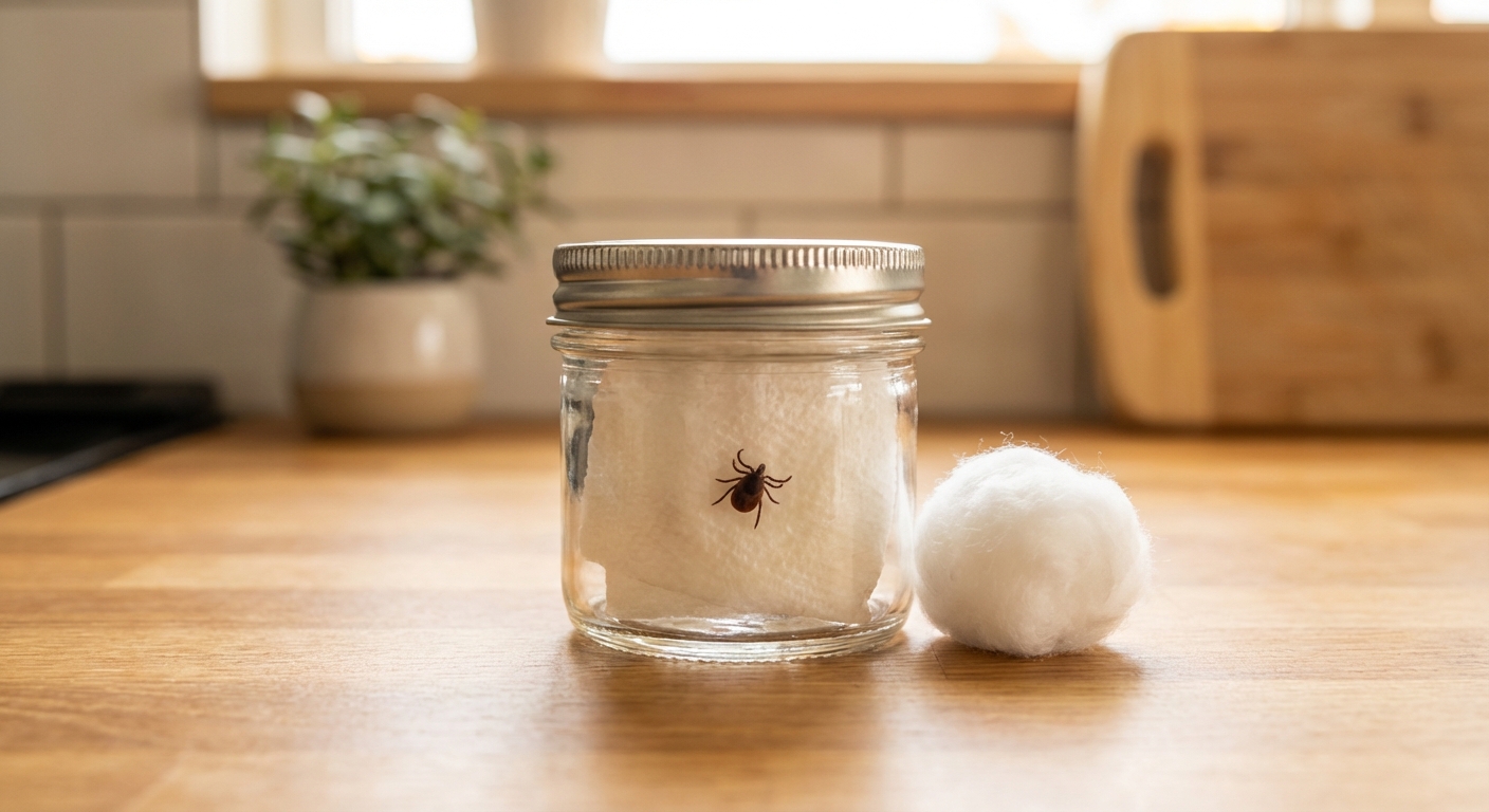 A real photo of a small tick inside a clear sealed jar next to a cotton ball on a kitchen counter