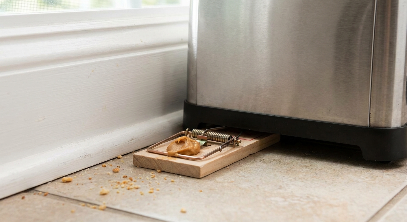A real photo of a snap trap placed along a kitchen baseboard behind a small appliance