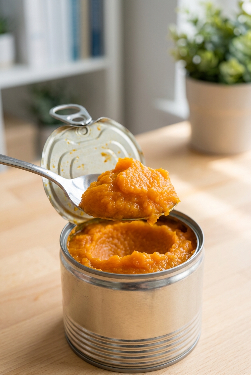 A real photo of a spoon scooping plain canned pumpkin from an opened can