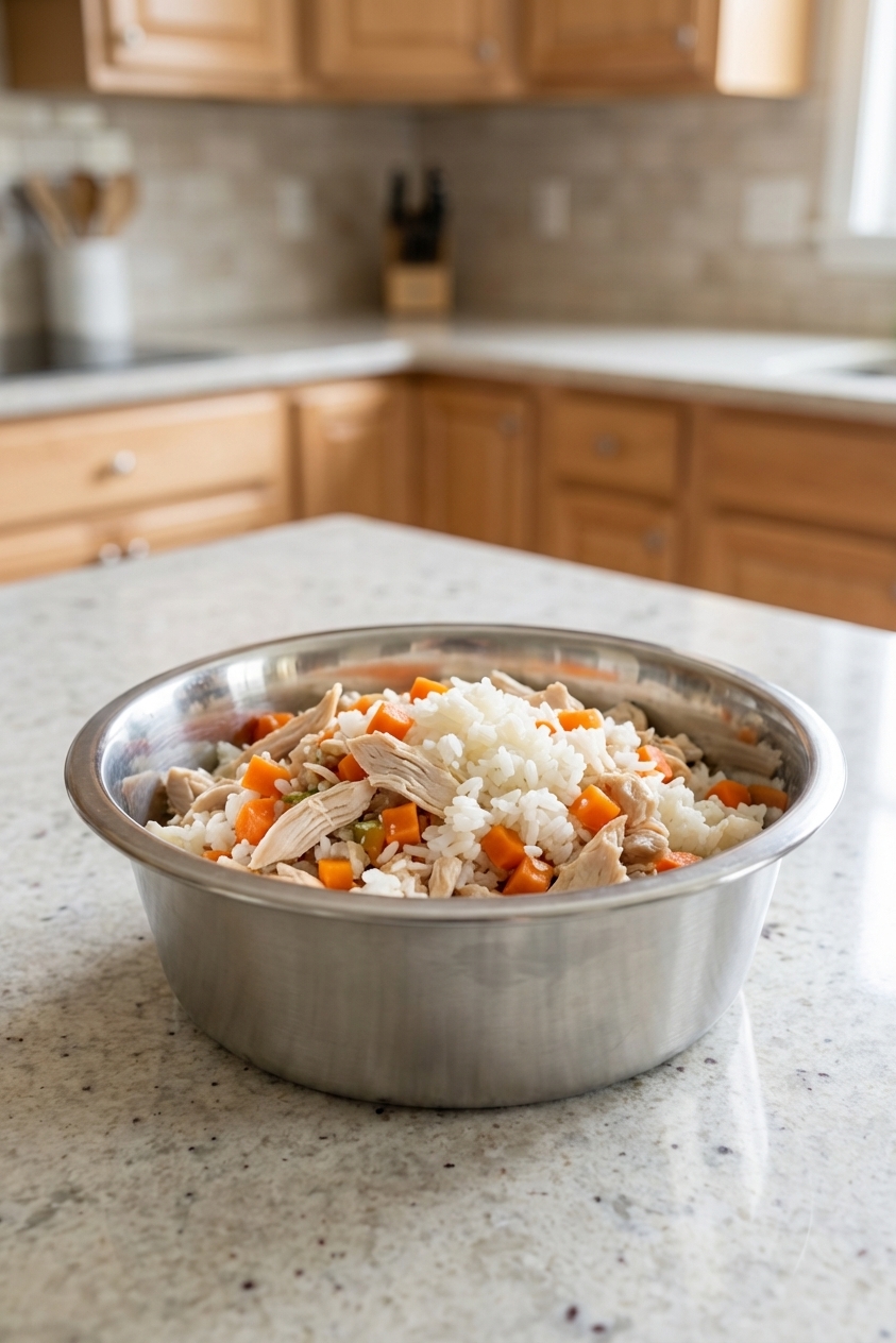 A real photo of a stainless-steel bowl filled with homemade dog food including shredded chicken, chopped carrots, and cooked rice on a clean kitchen counter