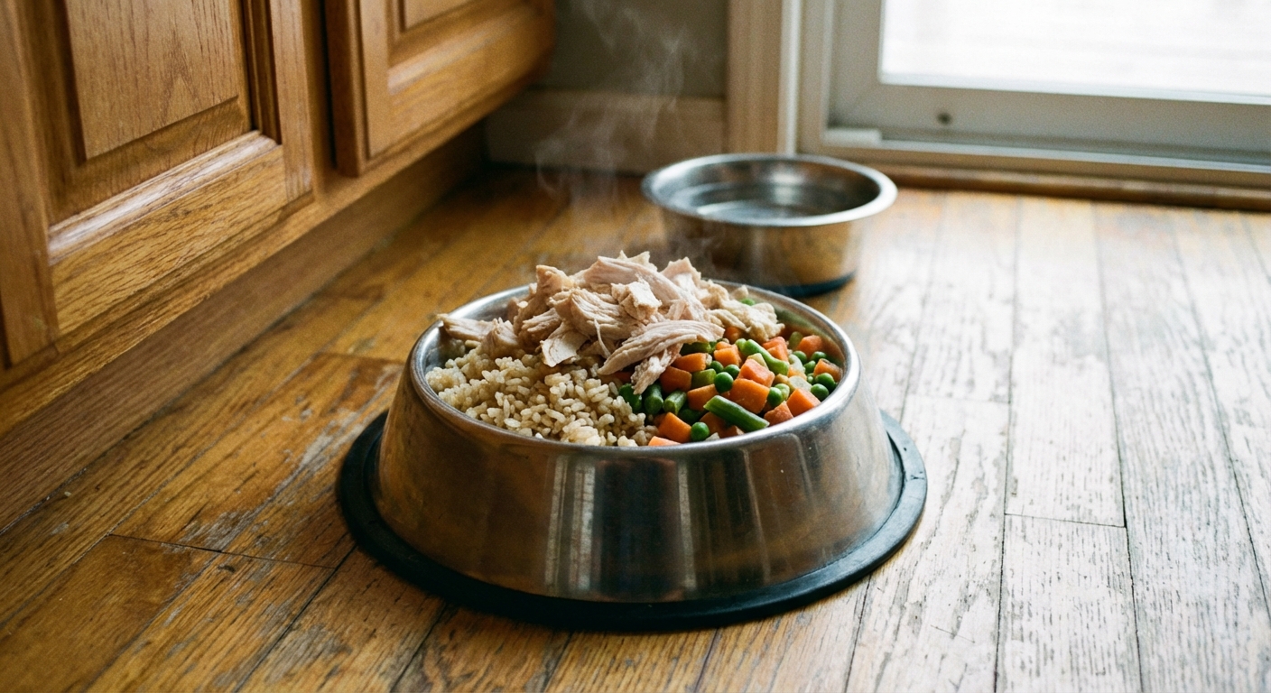 A real photo of a stainless steel dog bowl filled with chicken, rice, and chopped cooked vegetables on a kitchen floor