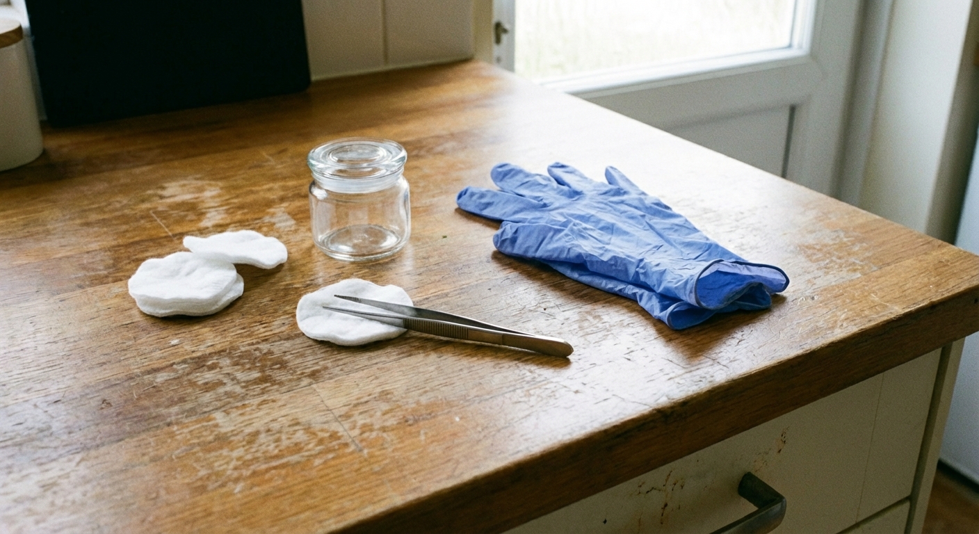 A real photo of a tick removal setup on a kitchen counter with fine-tipped tweezers, gloves, a small jar, and cotton pads