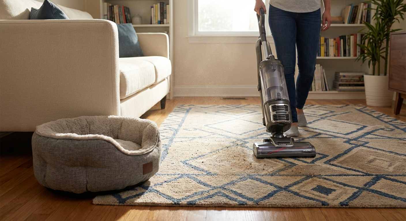 A real photo of a vacuum being used on a living room rug with a cat bed nearby