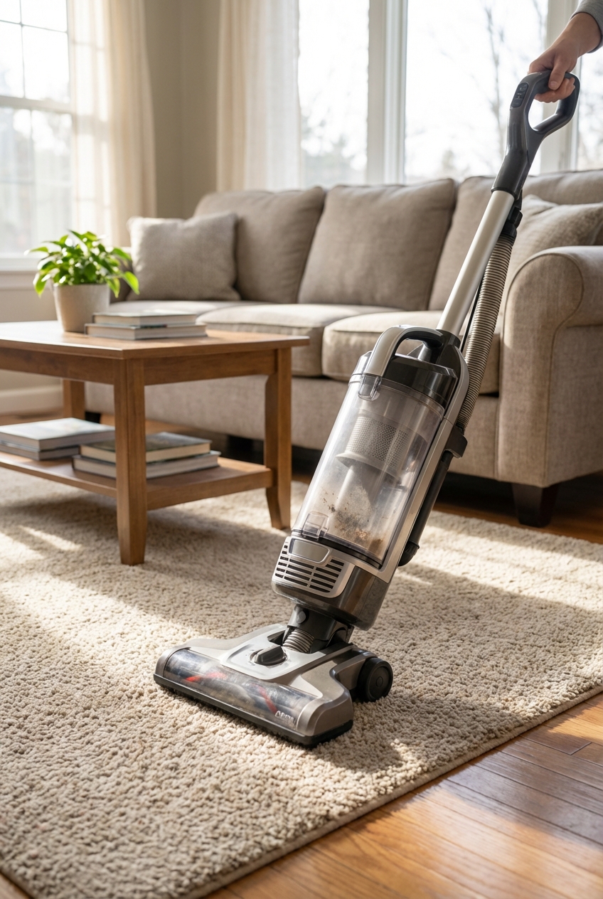 A real photo of a vacuum cleaner being used on a carpet in a family living room