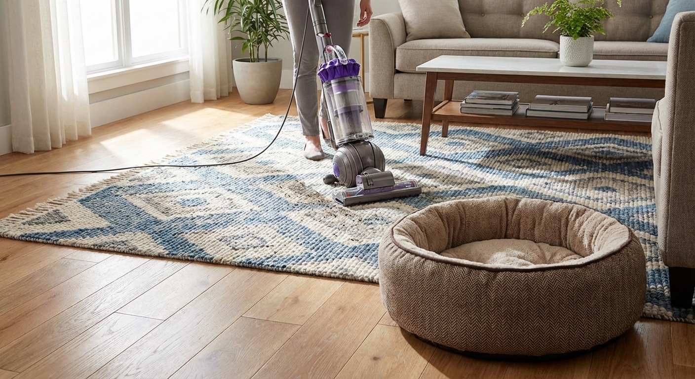 A real photo of a vacuum cleaning a living room rug with a dog bed visible nearby