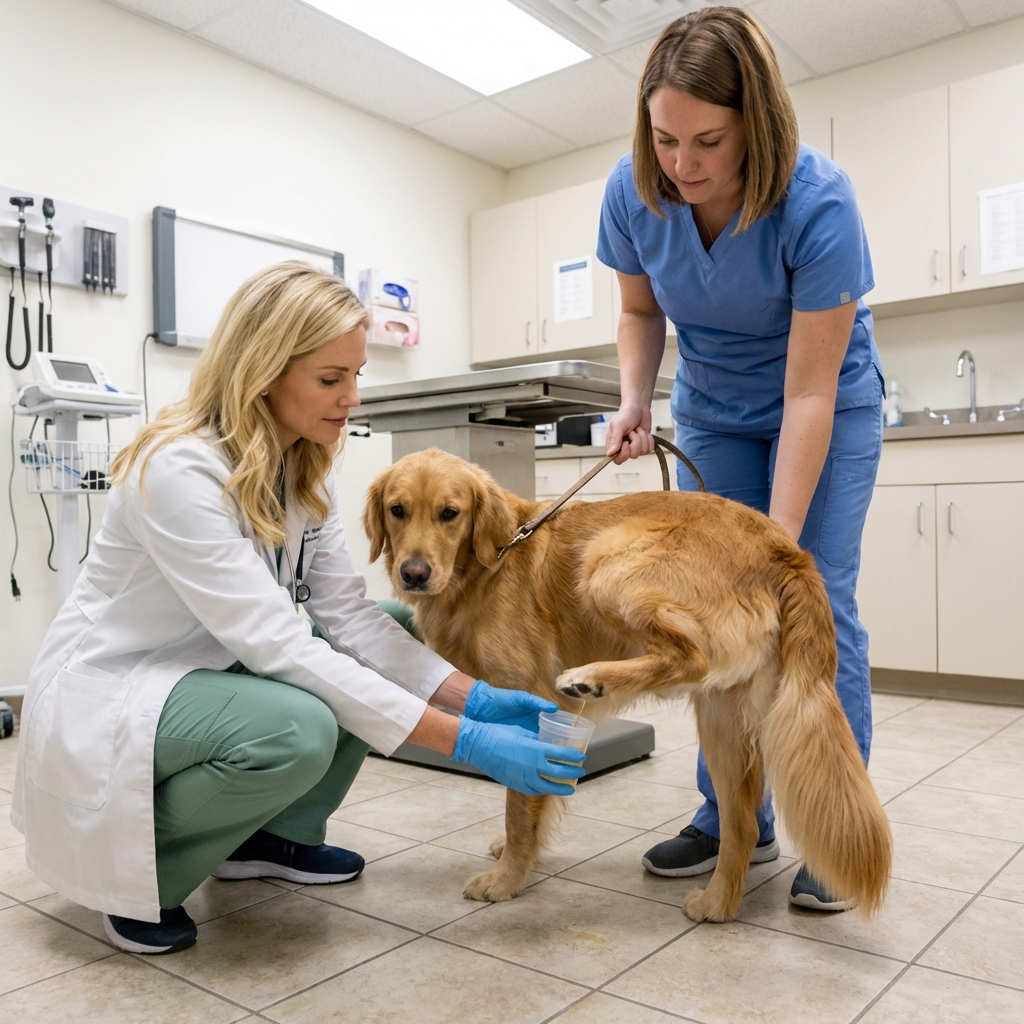 A real photo of a veterinarian collecting a urine sample from a dog in a clinic exam room