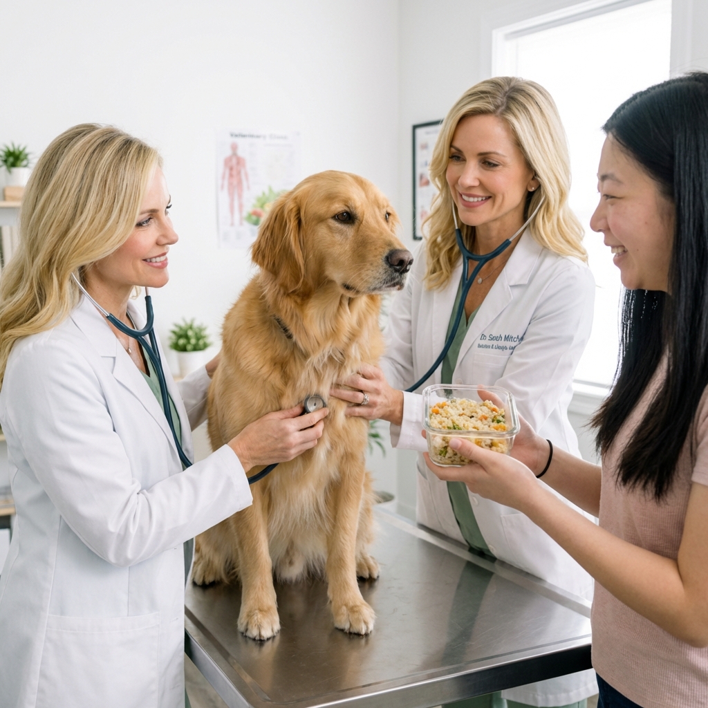 A real photo of a veterinarian examining a dog while the owner holds a small container of homemade food in a clinic exam room